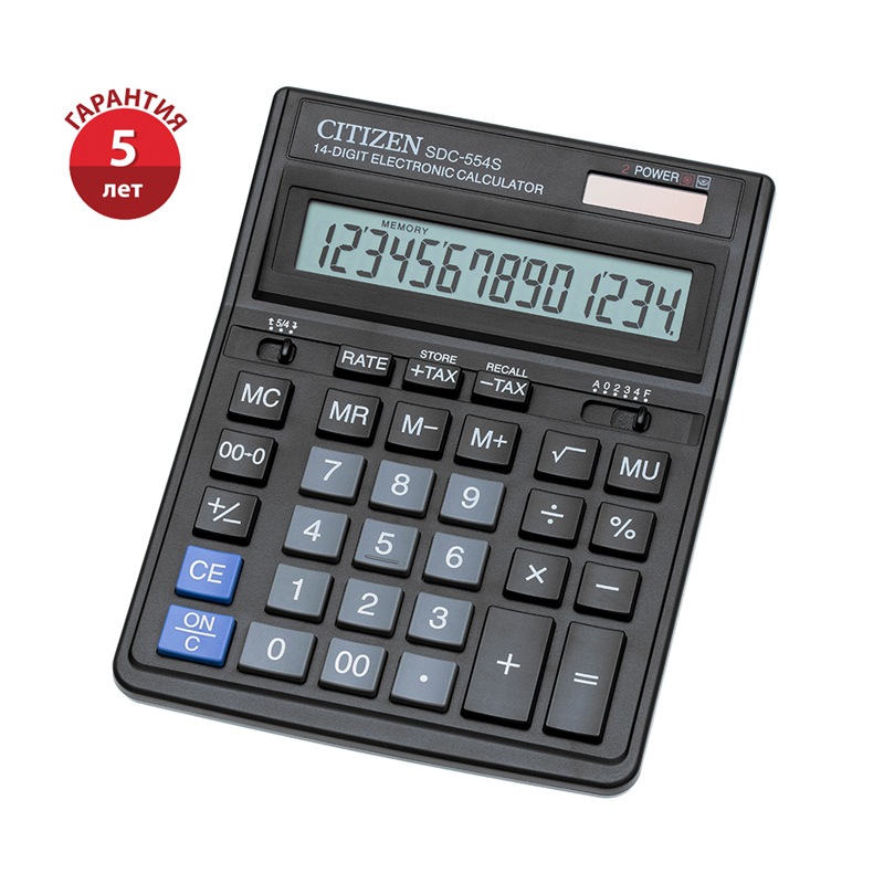 Калькулятор настольный Citizen SDC-554S, 14 разр., двойное питание, 153*199*31мм, черный